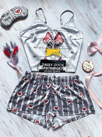 Піжама (шорти та майка) жіноча шовкова з принтом Daisy Duck сіра 1230861974 фото