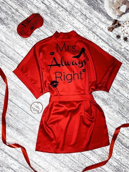 Комплект (піжама та халат) жіночий шовковий з принтом Mrs. Right червоний 1301037853 фото