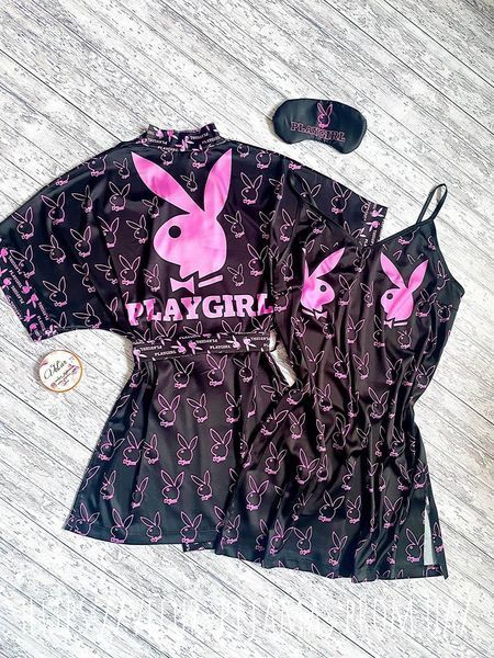 Комплект нічника та халат жіночий шовковий з принтом Play Girl чорний 1407863742 фото