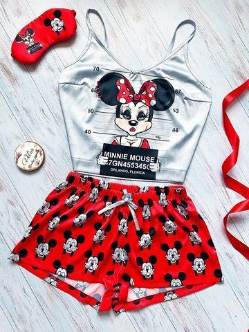 Піжама (шорти та майка) жіноча шовкова з принтом Minnie Mouse червона 1230862594 фото