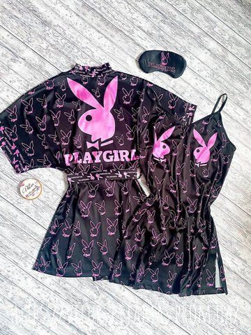 Комплект нічника та халат жіночий шовковий з принтом Play Girl чорний 1407864109 фото