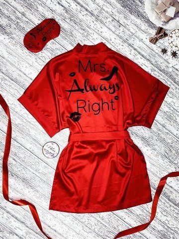 Халат жіночий шовковий з принтом Mrs. Right червоний 1301043584 фото