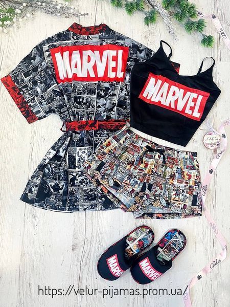 Піжама (шорти та майка) жіноча шовкова з принтом Marvel чорна 1584755488 фото