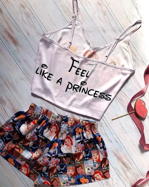 Піжама (шорти та майка) жіноча шовкова з принтом Disney Princess рожева 1234276932 фото