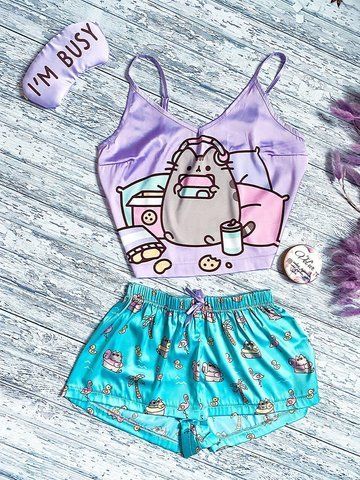 Піжама (шорти та майка) жіноча шовкова з принтом Im busy бірюзова 1335973457 фото
