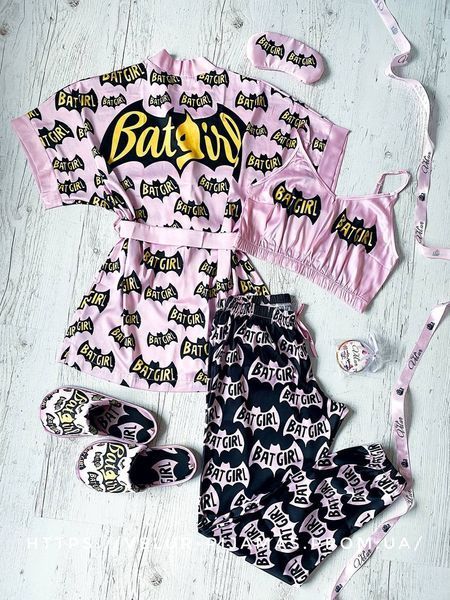 Комплект (піжама 2 шт. і халат) жіночий шовковий з принтом BatGirl рожевий 1463949910 фото