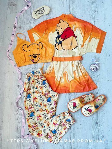 Комплект (піжама та халат) жіночий шовковий з принтом Winnie жовтогарячий 1462612702 фото