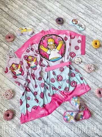 Комплект нічника та халат жіночий шовковий з принтом Simpsons рожевий 1407871296 фото
