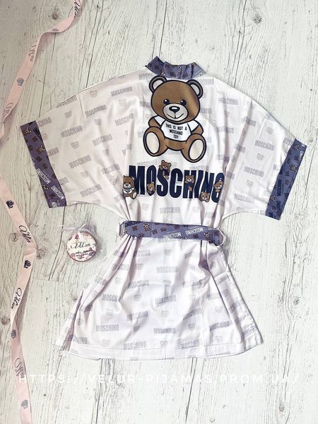 Комплект (піжама та халат) жіночий шовковий з принтом Teddy бежевий 1476584757 фото