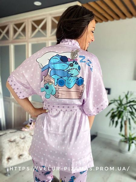 Комплект (піжама та халат) жіночий шовковий з принтом Stitch бузковий 1476600797 фото