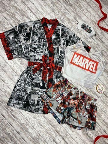 Комплект (піжама та халат) жіночий шовковий з принтом Marvel сірий 1301066675 фото