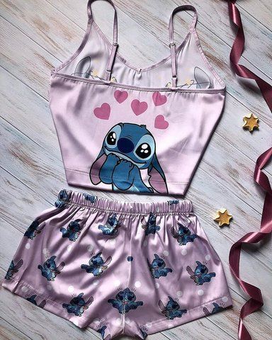 Піжама (шорти та майка) жіноча шовкова з принтом Stitch бузкова 1234281596 фото
