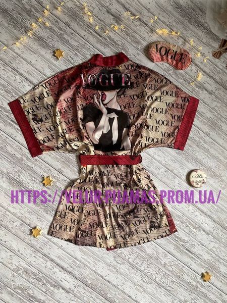 Комплект (піжама та халат) жіночий шовковий з принтом Vogue бежевий 1353650604 фото