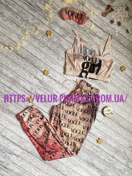 Комплект (піжама та халат) жіночий шовковий з принтом Vogue бежевий 1353650604 фото