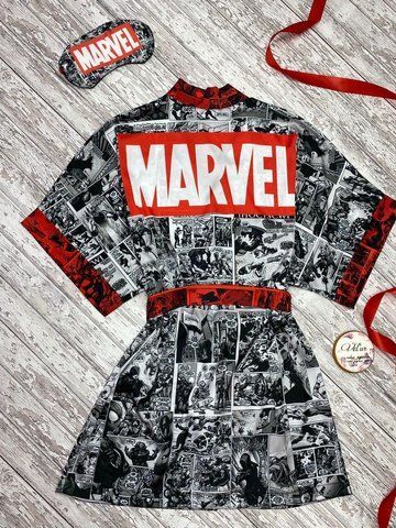 Комплект (піжама та халат) жіночий шовковий з принтом Marvel чорний 1301068509 фото