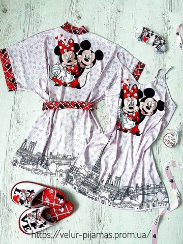 Комплект нічничка та халат жіночий шовковий з принтом Mickey Mouse рожевий 1584853648 фото