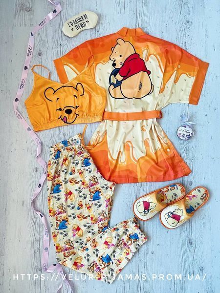 Комплект (піжама 2 шт. і халат) жіночий шовковий з принтом Winnie жовтогарячий 1462607986 фото
