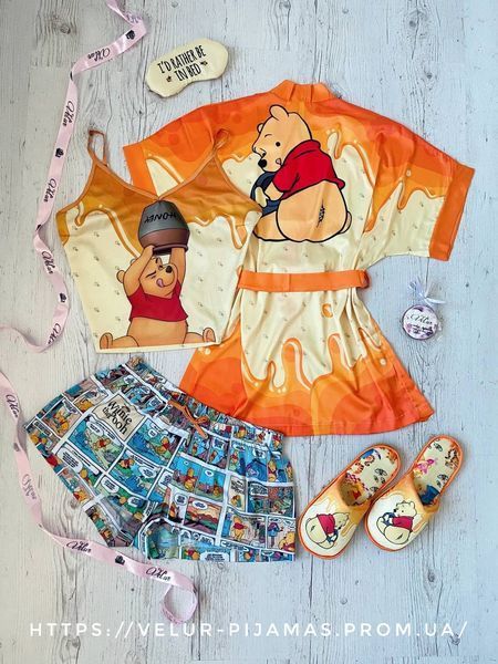 Комплект (піжама 2 шт. і халат) жіночий шовковий з принтом Winnie жовтогарячий 1462607986 фото