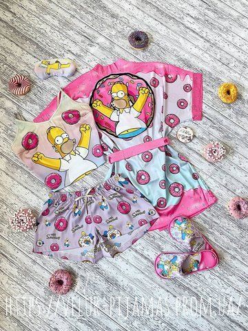 Комплект (піжама та халат) жіночий шовковий з принтом Simpsons рожевий 1407875429 фото