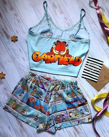 Піжама (шорти та майка) жіноча шовкова з принтом Garfield блакитна 1234283433 фото
