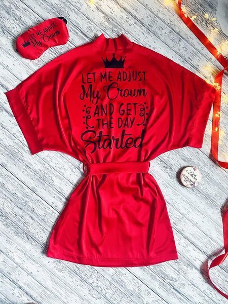 Комплект (піжама та халат) жіночий шовковий з принтом Crown червоний 1336676139 фото