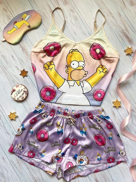 Комплект (піжама 2 шт. і халат) жіночий шовковий з принтом Simpsons рожевий 1341278497 фото