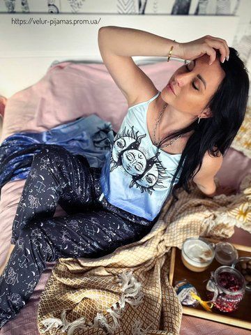 Піжама: штани і майка жіноча шовкова з принтом Sun&Moon синя 1627269356 фото