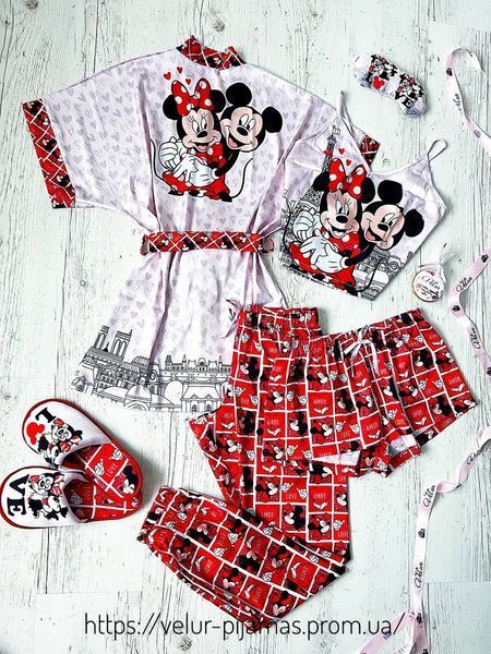 Комплект (піжама та халат) жіночий шовковий з принтом Mickey Mouse рожевий 1584851807 фото