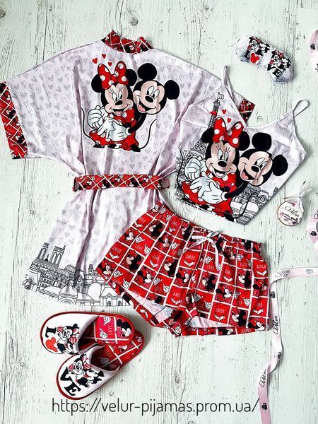 Комплект (піжама та халат) жіночий шовковий з принтом Mickey Mouse рожевий 1584851807 фото