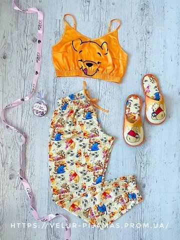 Піжама: штани та топ жіноча шовкова з принтом Winnie жовтогаряча 1462615961 фото
