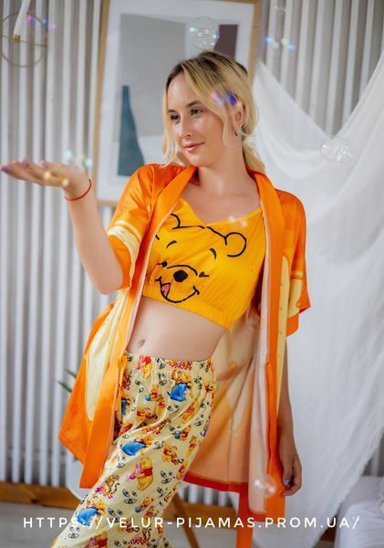 Піжама: штани та топ жіноча шовкова з принтом Winnie жовтогаряча 1462615961 фото