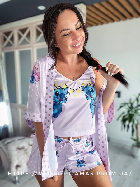 Комплект (піжама 2 шт. і халат) жіночий шовковий з принтом Stitch бузковий 1476598397 фото
