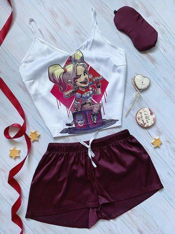 Піжама (шорти та майка) жіноча шовкова з принтом Harley Quinn бордова 1252004043 фото