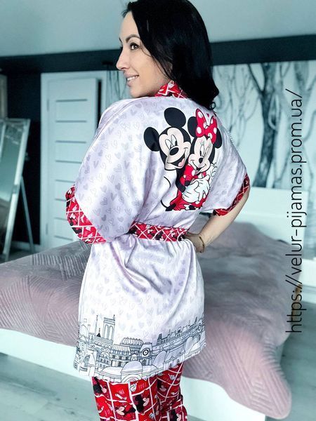 Комплект (піжама та халат) жіночий шовковий з принтом Mickey Mouse рожевий 1584853169 фото