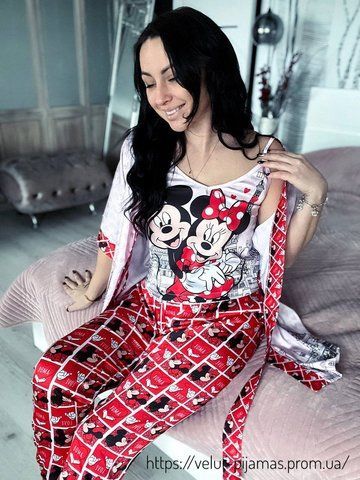 Піжама: штани та топ жіноча шовкова з принтом Mickey Mouse рожева 1584855563 фото