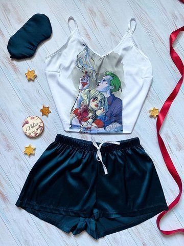Піжама (шорти та майка) жіноча шовкова з принтом Harley&Joker зелена 1252007117 фото