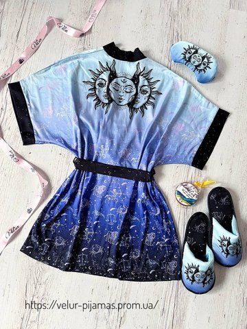 Халат жіночий шовковий з принтом Sun&Moon синій 1627270213 фото