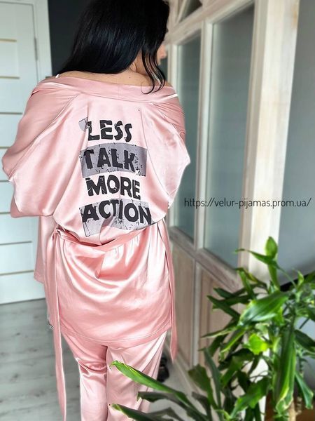 Комплект (піжама і халат) жіночий шовковий з принтом Less talk more action персиковий 1627298361 фото