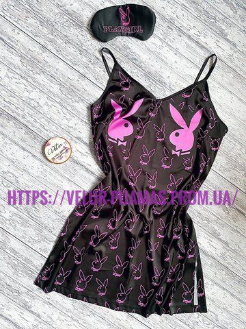 Нічна жіноча шовкова чорна з принтом Play Girl 1353637631 фото