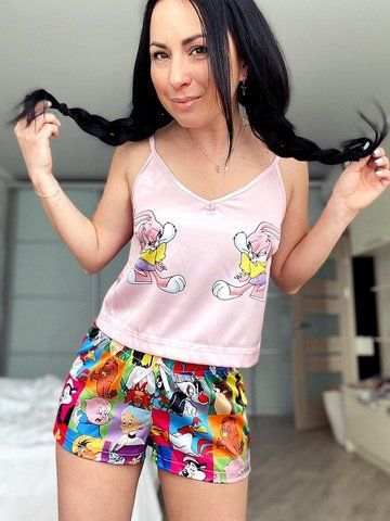 Піжама (шорти та майка) жіноча шовкова з принтом Lola Bunny рожева 1231602689 фото