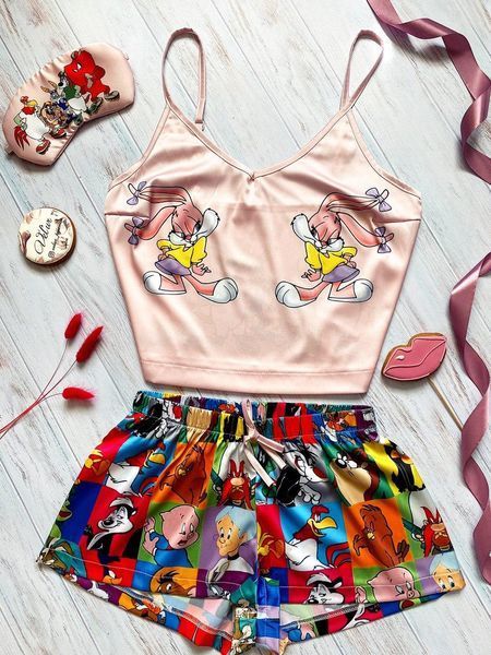 Піжама (шорти та майка) жіноча шовкова з принтом Lola Bunny рожева 1231602689 фото