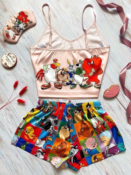 Піжама (шорти та майка) жіноча шовкова з принтом Lola Bunny рожева 1231602689 фото