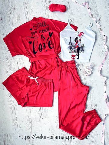 Комплект (піжама та халат) жіночий шовковий з принтом All you need is love червоний 1584860388 фото