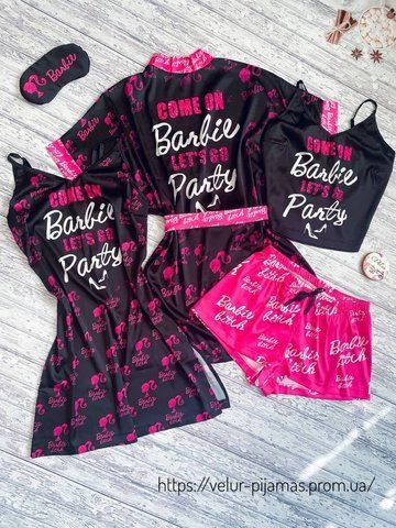 Комплект: піжама, ночнушка і халат жіночий шовковий з принтом Barbie чорний 1627317369 фото
