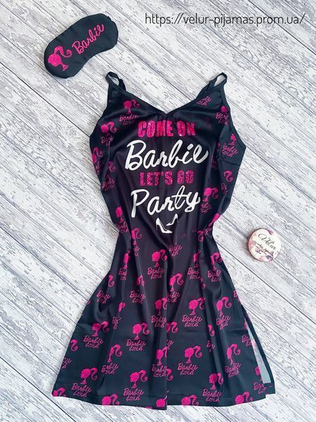 Комплект: піжама, ночнушка і халат жіночий шовковий з принтом Barbie чорний 1627317369 фото