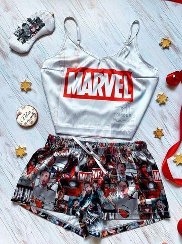 Піжама (шорти та майка) жіноча шовкова з принтом Marvel сіра 1231616009 фото