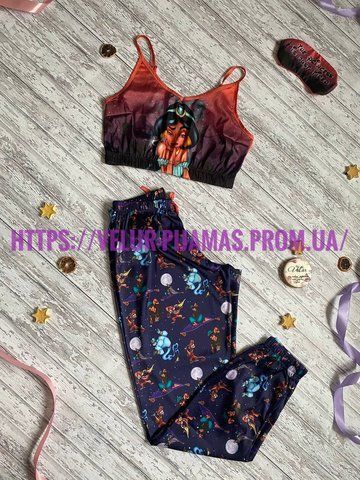Піжама: штани та топ жіноча шовкова з принтом Aladin синя 1353643034 фото