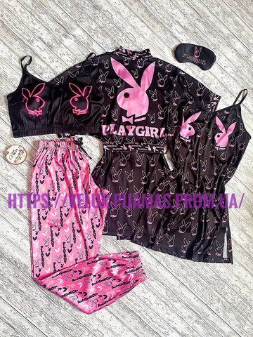 Комплект: піжама, нічнашка та халат жіночий шовковий з принтом Play Girl чорний 1353635917 фото