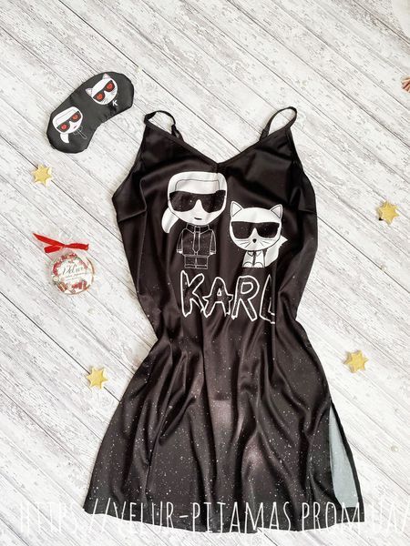 Комплект: піжама, нічнашка та халат жіночий шовковий з принтом Karl who чорний 1402092975 фото