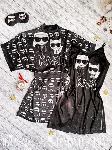 Комплект: піжама, нічнашка та халат жіночий шовковий з принтом Karl who чорний 1402092975 фото